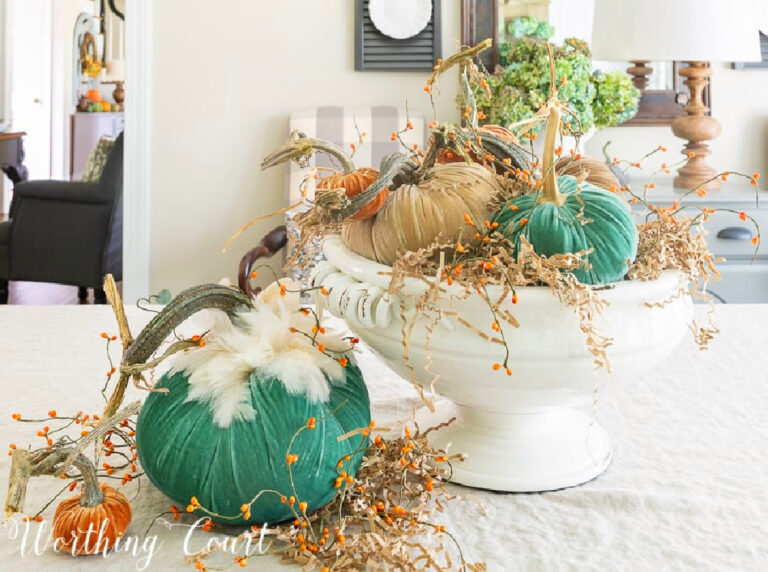 green velvet pumpkins in white container