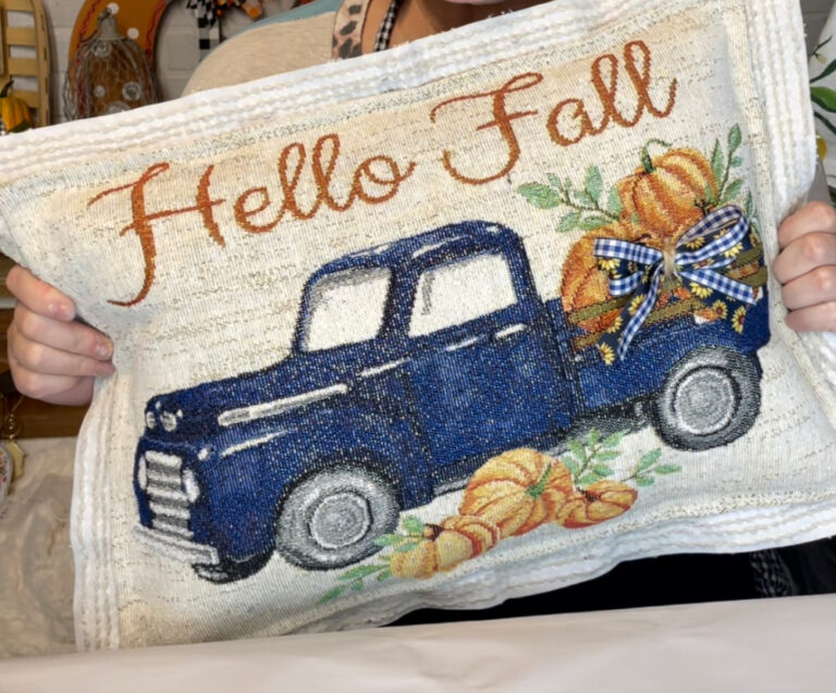 fall DIY pillow with bath bath blue truck