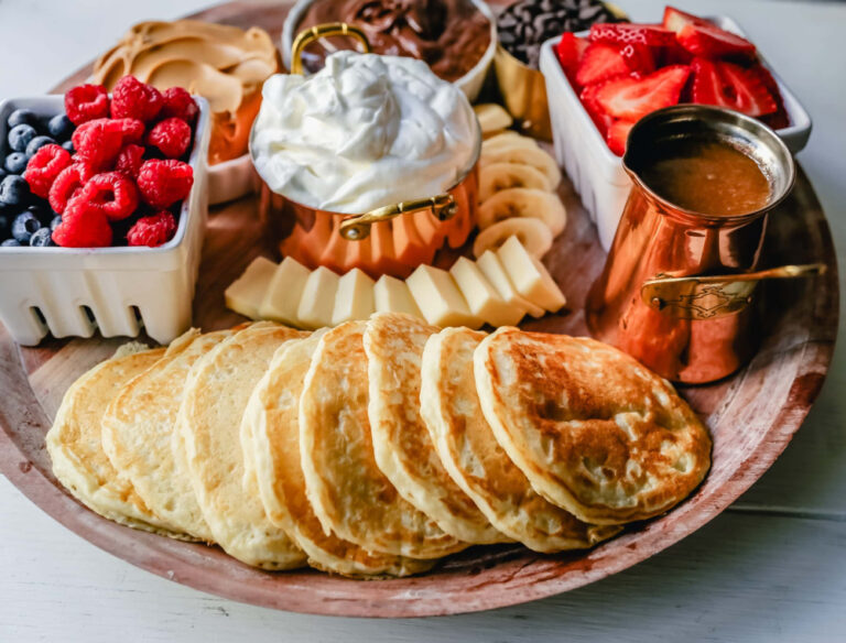 pancake charcuterie board with fruit and dip