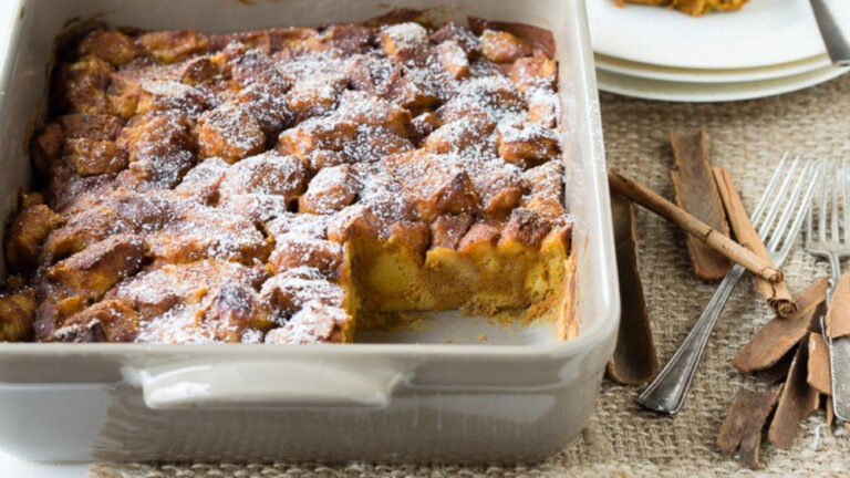 pumpkin breakfast casserole in white dish