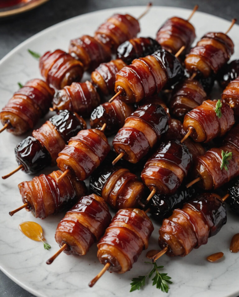 maple glazed bacon wrapped dates Thanksgiving appetizer on a plate