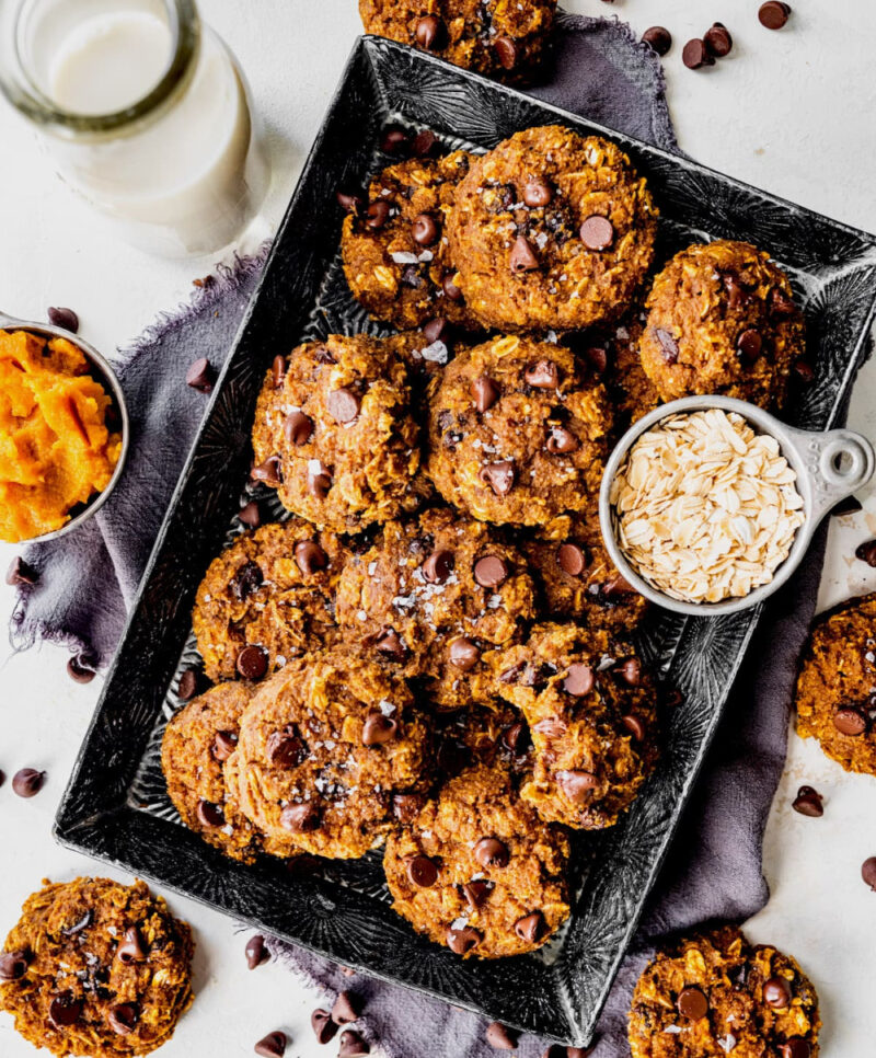 pan of pumpkin and chocolate breakfast cookies