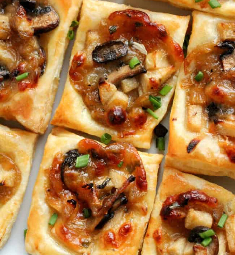 camelized onion mushroom gruyere bites Thanksgiving appetizer