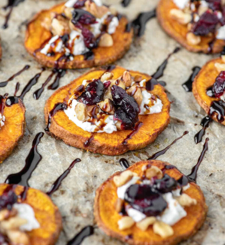 sweet potato rounds with cheese and balsamic Thanksgiving appetizer