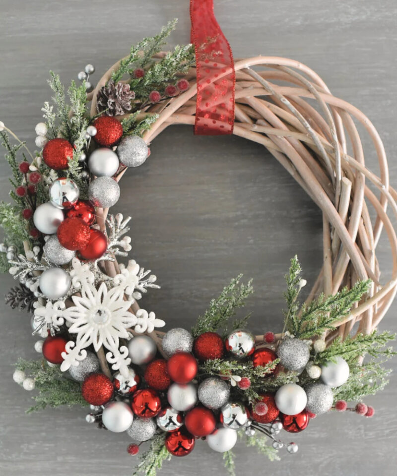 willow wreath with red and silver ornaments