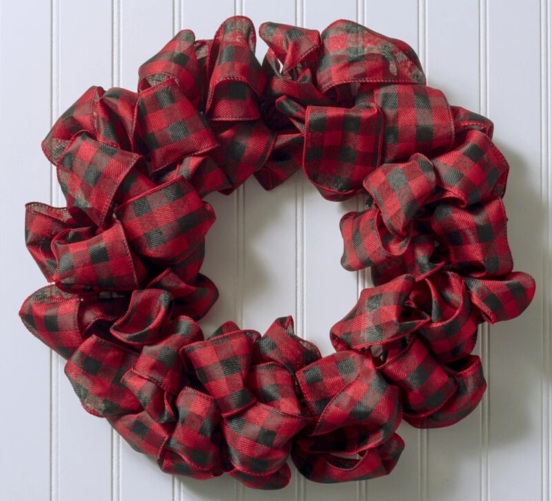 red plaid ribbon DIY wreath