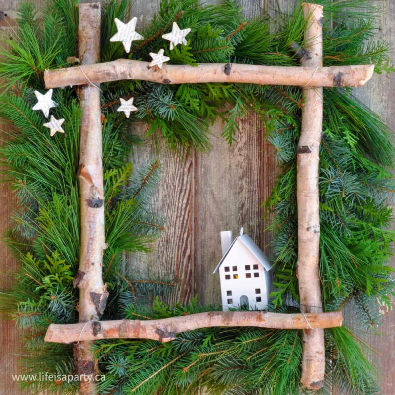 rectangle birch wood  DIY wreath with greenery 