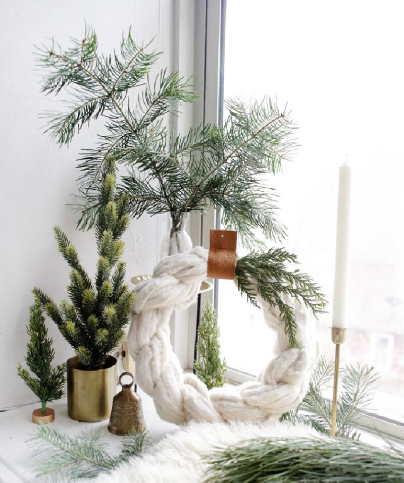 white cotton DIY wreath with greenery