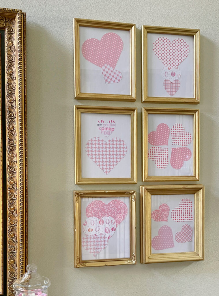 Valentine's Day paper hearts in gold frames