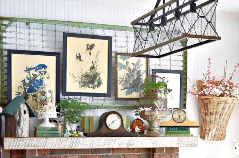vintage artworks, vintage clock, and greenery