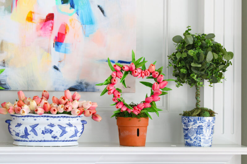 greenery and tulip topiaries with tulips in chinoiserie foot bath