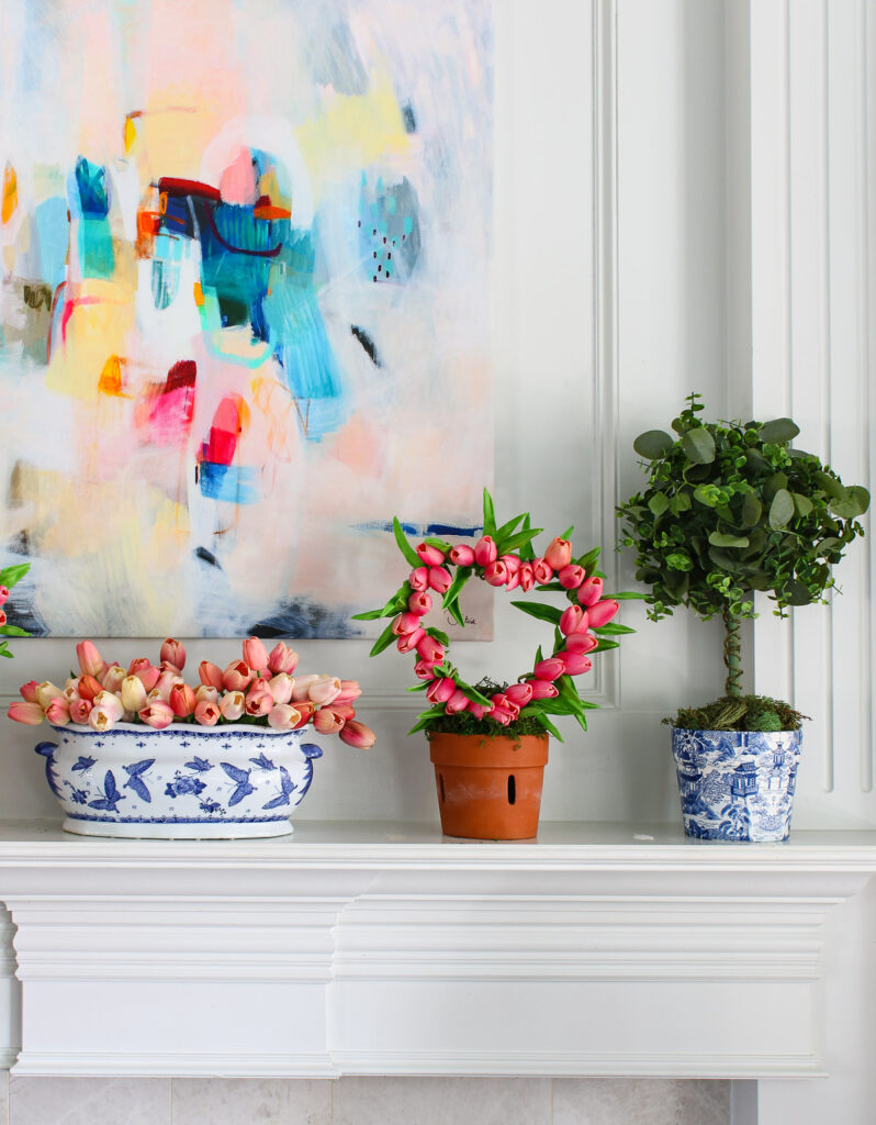 Valentine's Day tulip topiary on mantel