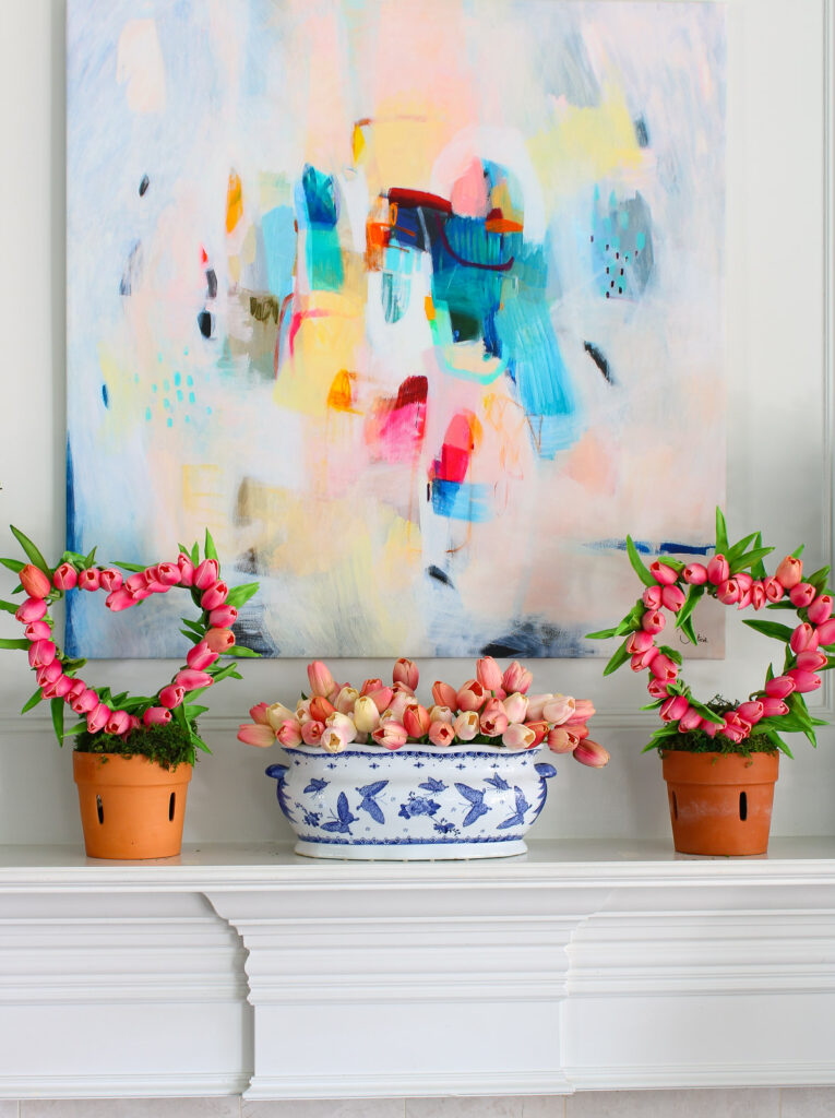tulip topiaries and tulips in chinoiserie planter