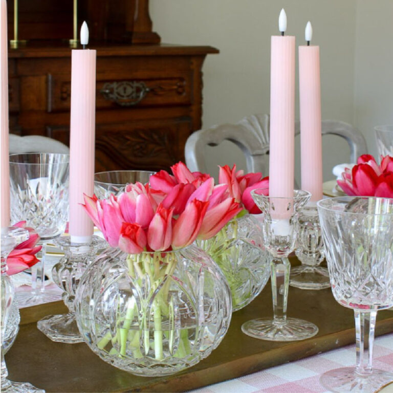 pink tulips in rose bowl on Valentine's tablescape