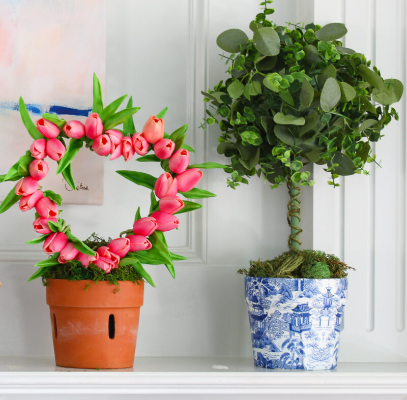 chinoiserie planter with greenery topiary and tulip topiary