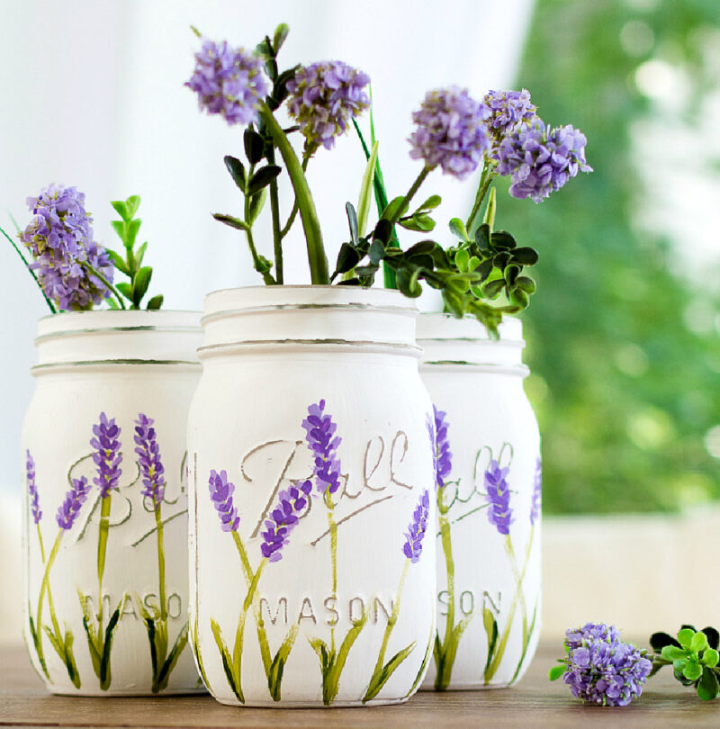 lavender flowers painted on mason jars for spring decor