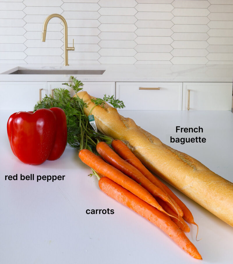 red bell pepper, carrots, and French baguette