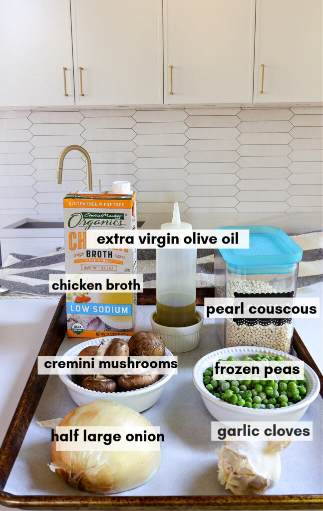 ingredients for toasted pearl couscous with mushrooms and peas