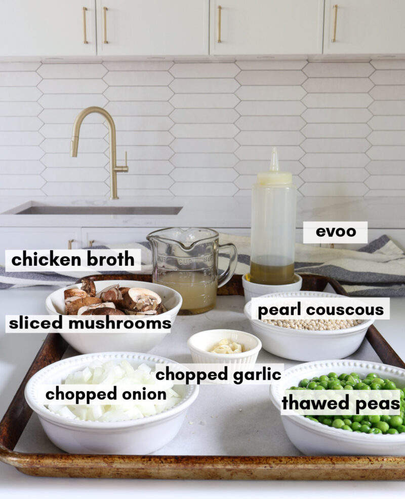 ingredients for toasted pearl couscous with mushrooms and peas