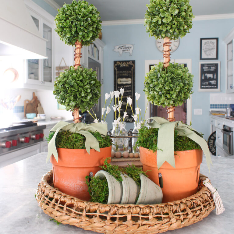 spring decor topiaries with terra cotta