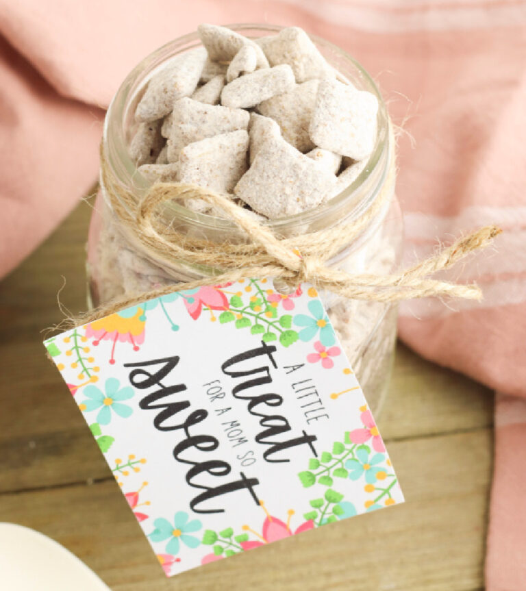 mason jar with sweet treats and printable tag