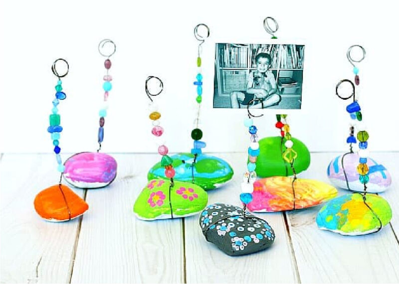 colorful photo holder with bright colors and wired holder with beads