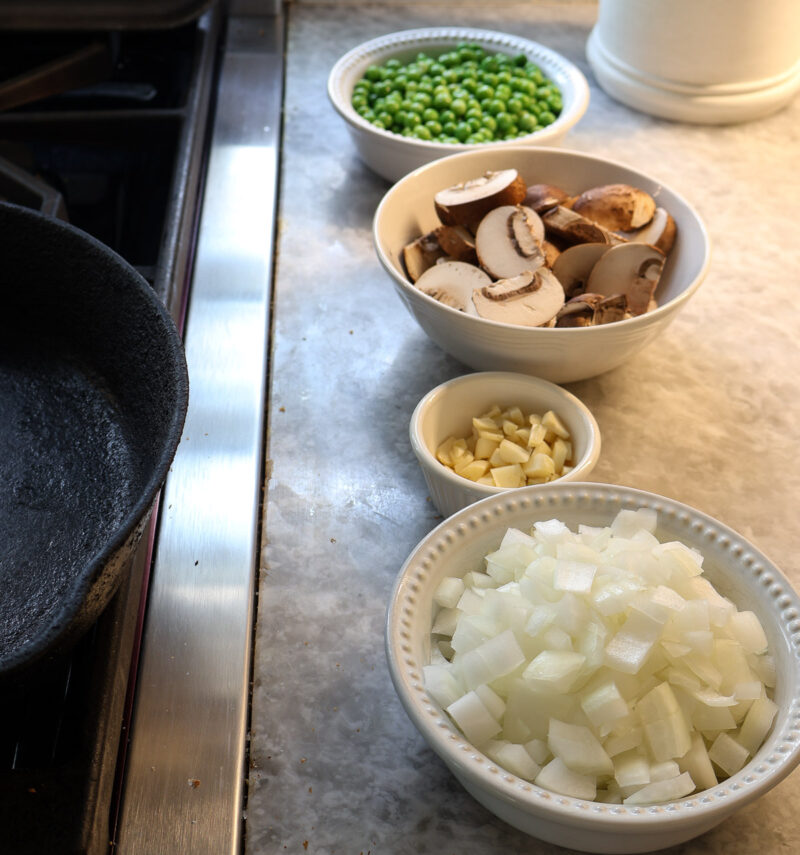 ingredients for toasted couscous with mushrooms and peas