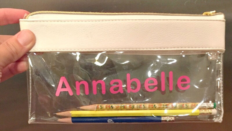 clear plastic zipper pencil bag with girl's name vinyl sticker