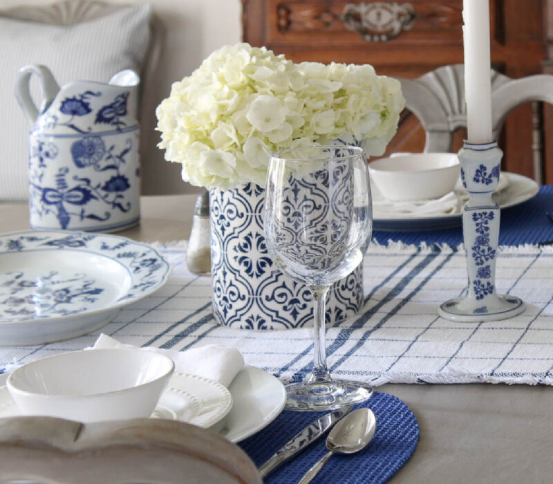 blue and white casual summer tablescape
