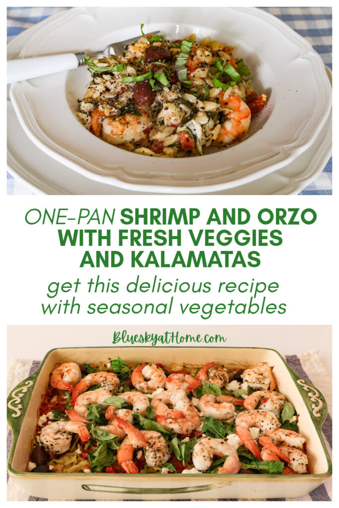 one-pan shrimp and orzo with veggies and kalamatas