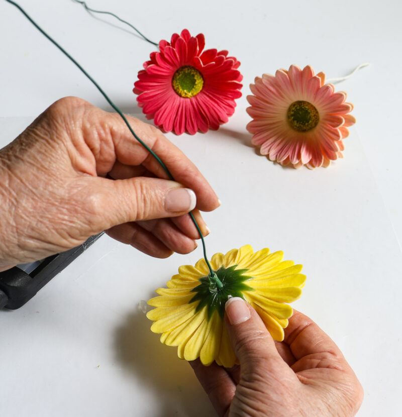 gluing florist wire to faux flower