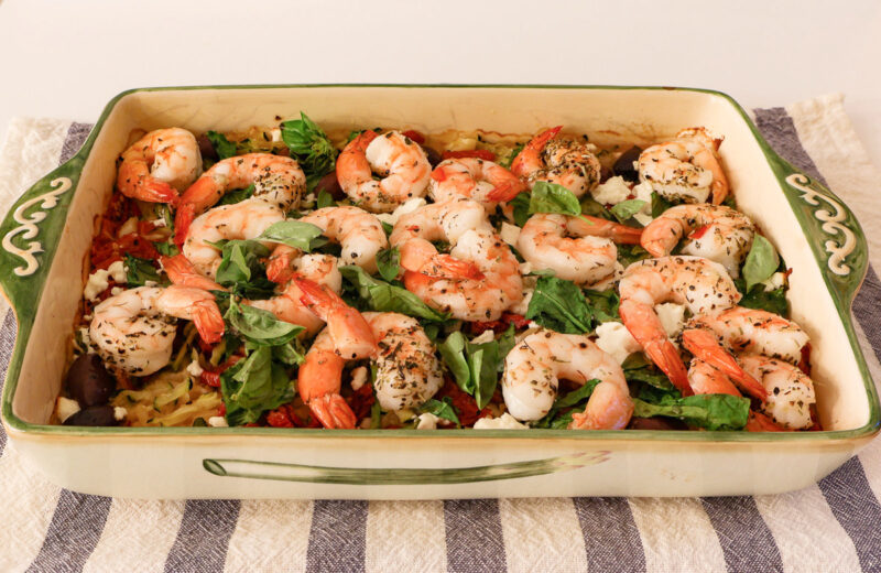finished shrimp orzo and fresh vegetable pan with baked shrimp