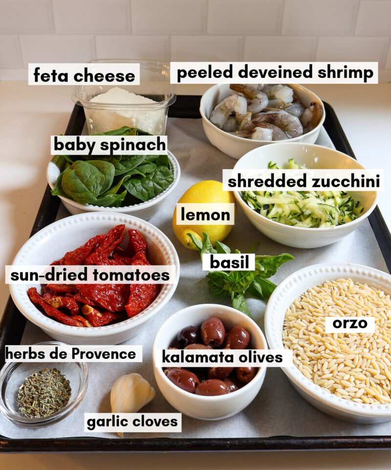 ingredients for shrimp orzo with fresh veggies and kalamatas
