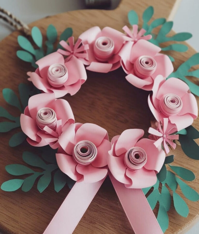 pink paper flower roses made into a wreath