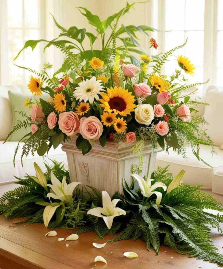 large summer flower arrangement in white container on table for summer decoration