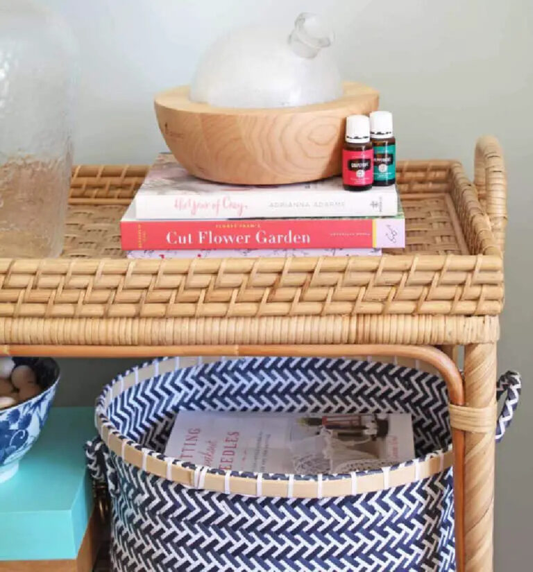 navy basket with rattan tray for summer decor