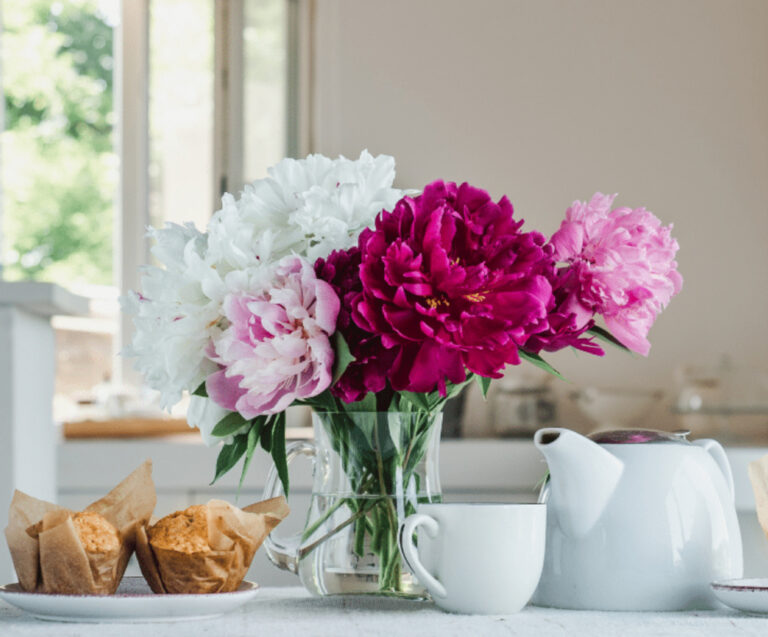 bright shades of pink flowers in clear glass vase with white dishes for summer