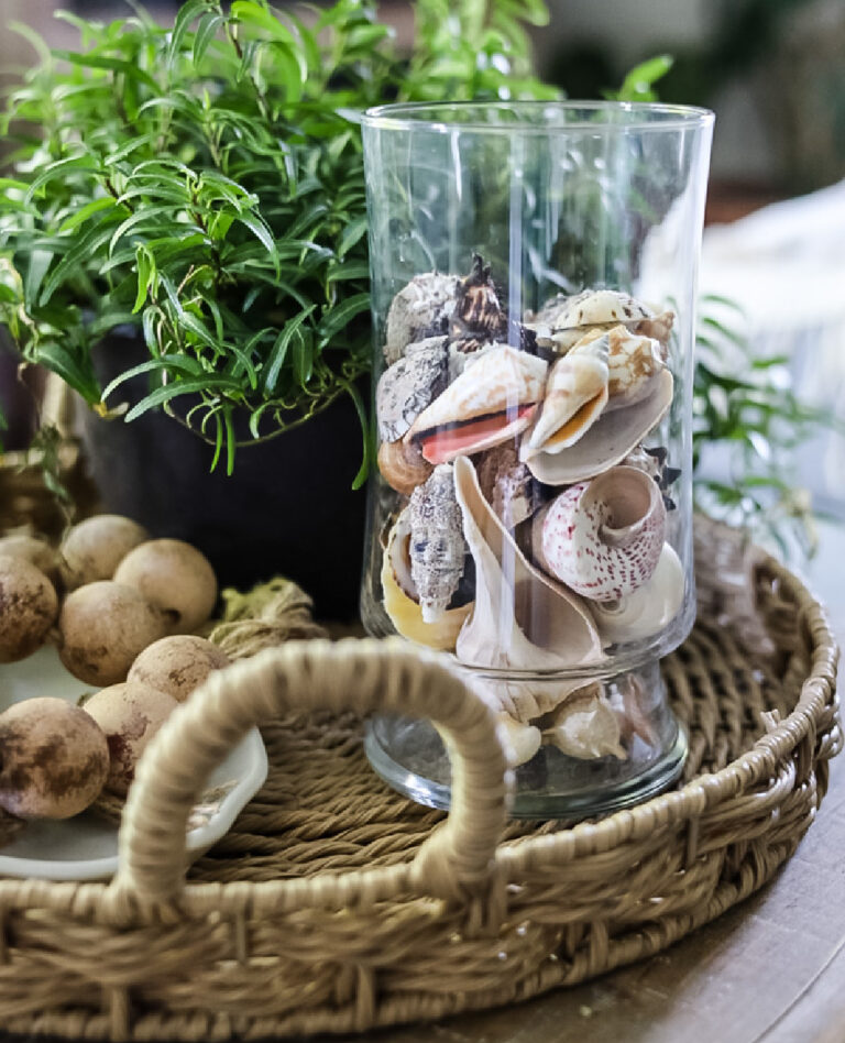 clear vase filled iwth seashells on woven tray for summer decor