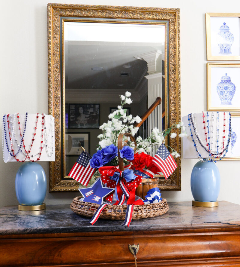 DIY 4th of July basket decor with blue lamps