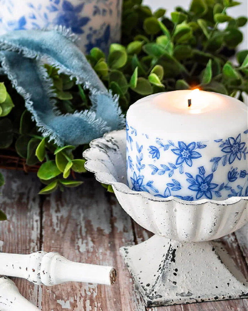 customer blue patterned decoupaged candles