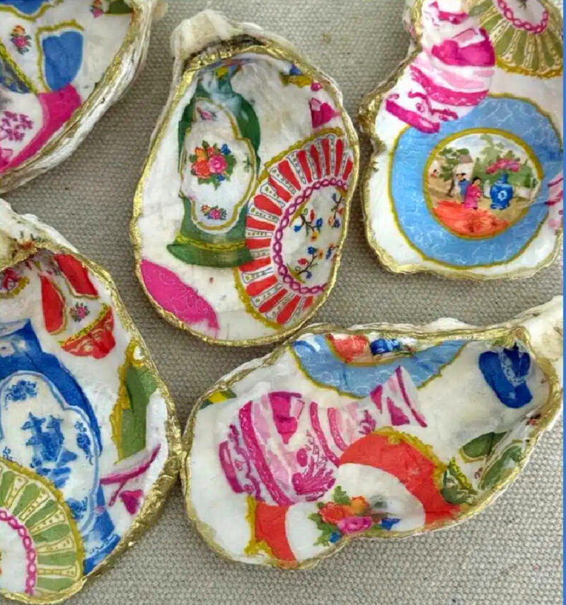 colorful patterned decoupaged oyster shells