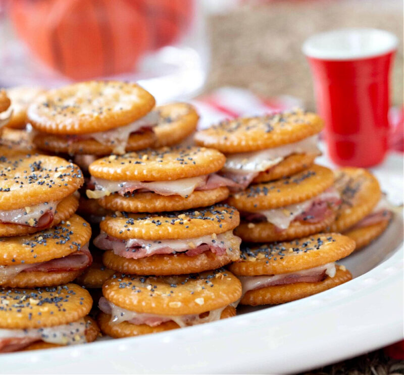 little Ritz cracker sandwiches with ham and cheese