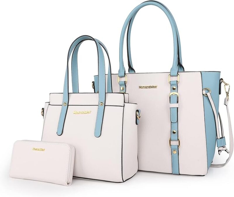 white with blue trim purses