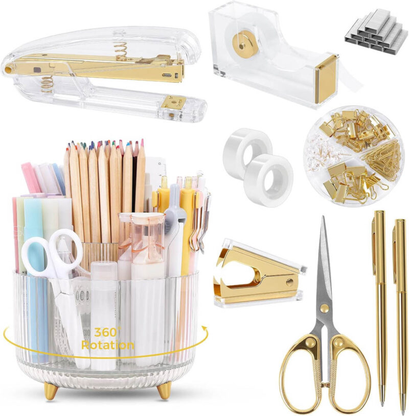 set of gold office desk supplies
