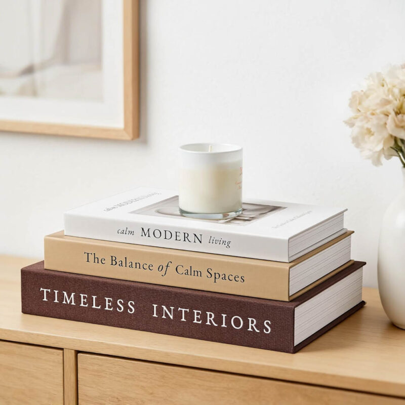 stack of three books on table with a candle on top