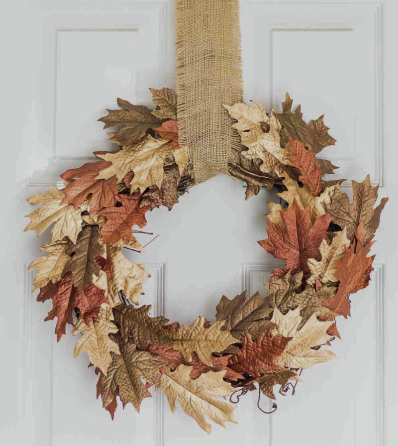 fall wreath made with metallic leaves