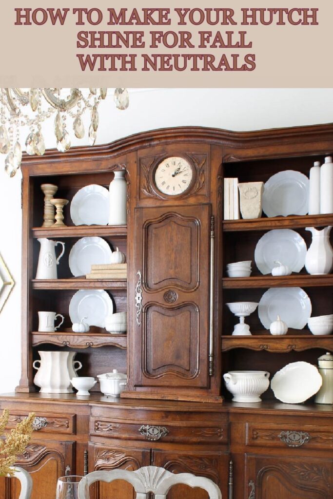 fall hutch decorating with white accessories