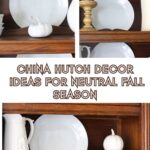 fall hutch decorating with white accessories