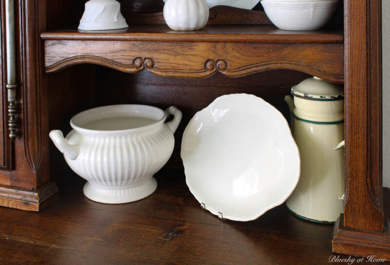 fall hutch decorating with white accessories