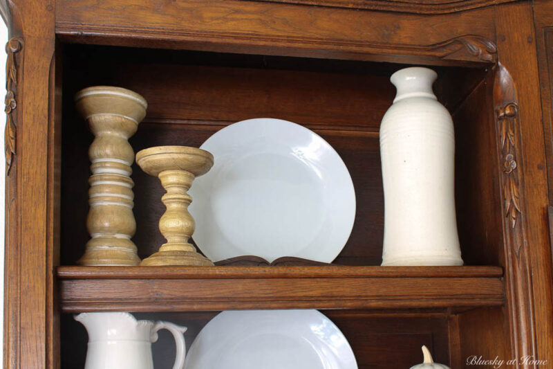 fall hutch decorating with white accessories